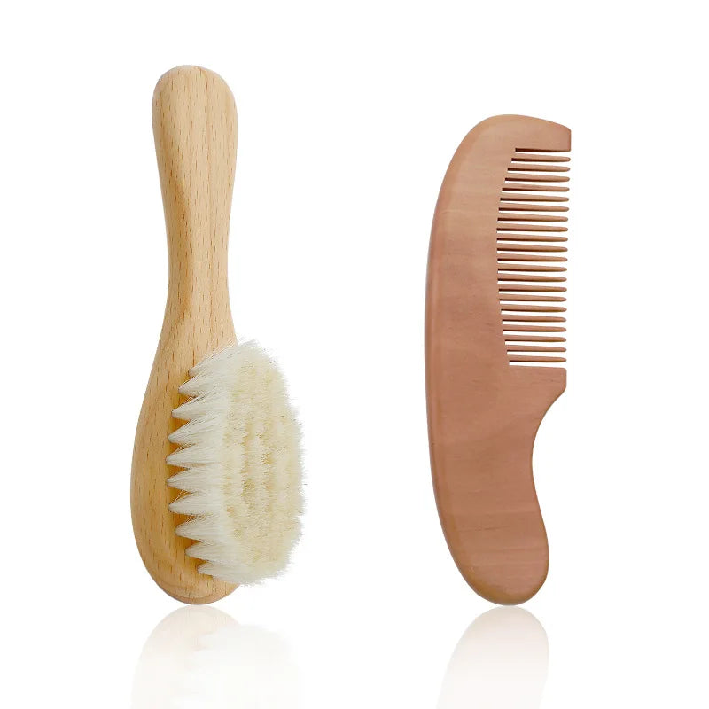 Set Brosse et Peigne en Bois pour Bébé – Brosse à Cheveux en Poils Naturels pour Nouveau-Nés