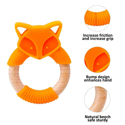 Anneau de Dentition Renard en Bois et Silicone – Jouet de Dentition Naturel pour Bébé