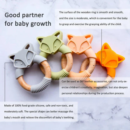 Anneau de Dentition Renard en Bois et Silicone – Jouet de Dentition Naturel pour Bébé