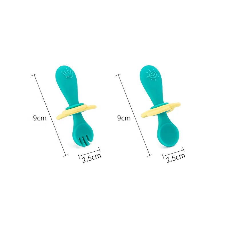 Set de Couverts d’Apprentissage en Silicone pour Bébé – Cuillère et Fourchette avec Anneau de Sécurité