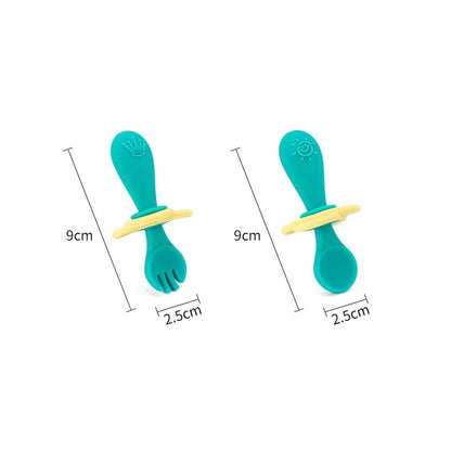 Set de Couverts d’Apprentissage en Silicone pour Bébé – Cuillère et Fourchette avec Anneau de Sécurité
