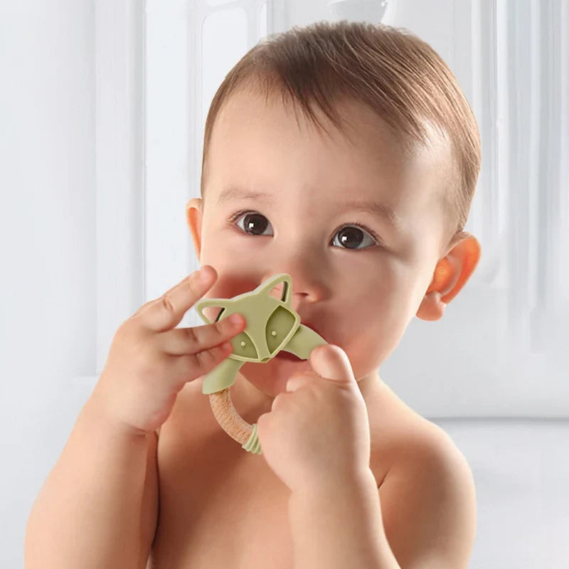 Anneau de Dentition Renard en Bois et Silicone – Jouet de Dentition Naturel pour Bébé