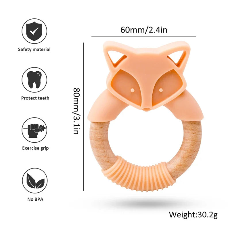Anneau de Dentition Renard en Bois et Silicone – Jouet de Dentition Naturel pour Bébé