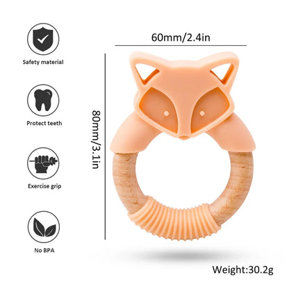 Anneau de Dentition Renard en Bois et Silicone – Jouet de Dentition Naturel pour Bébé