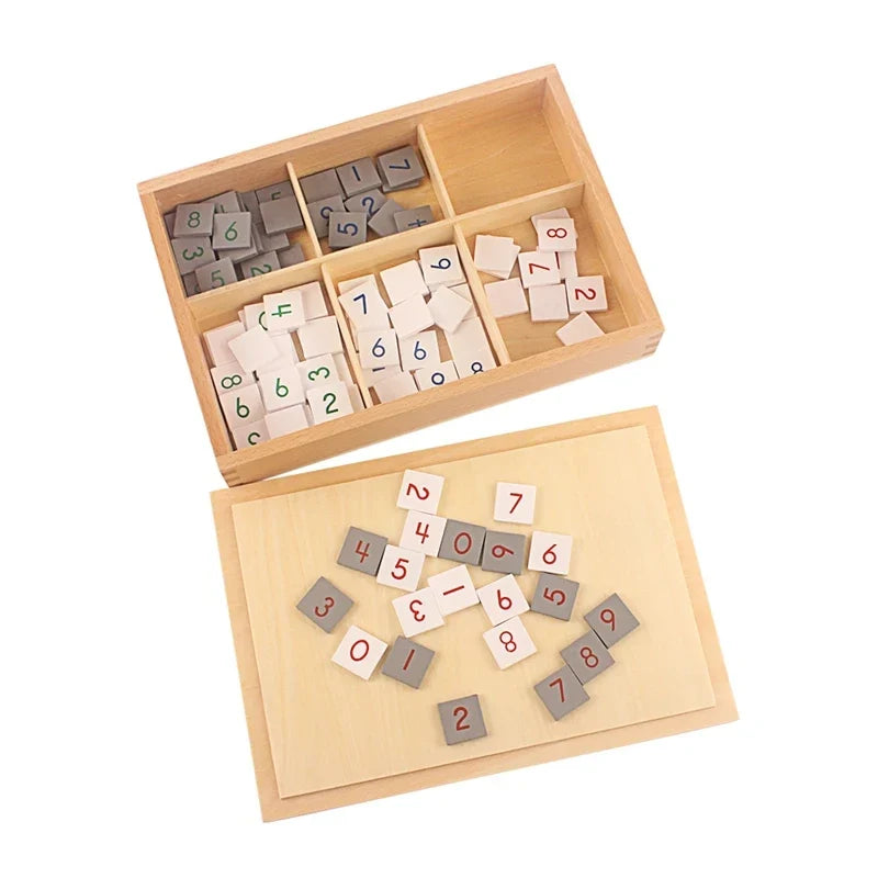 Jetons chiffrés Montessori pour damier avec boîte en bois