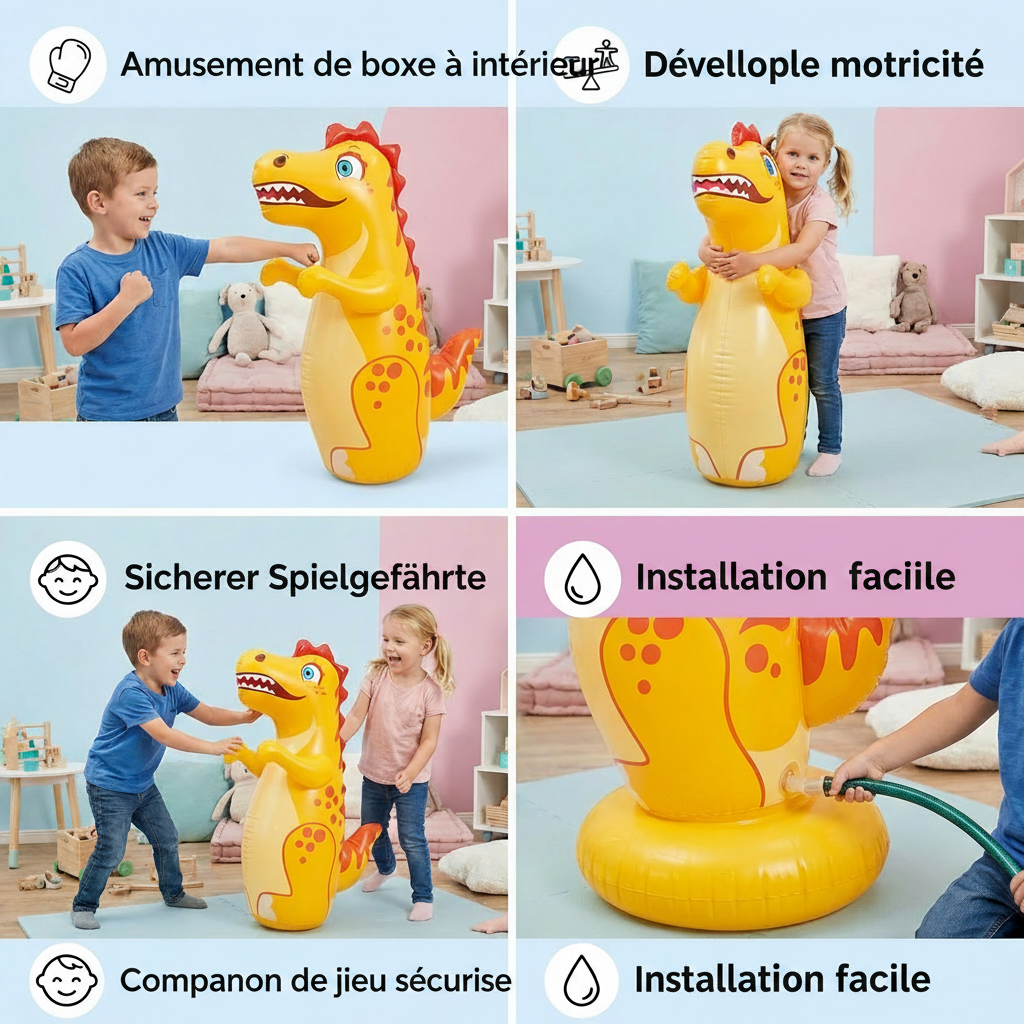 Sac de Frappe Gonflable Enfant – Base à Eau, Motif Animal | Dragon, Dino, Dauphin | Dès 3 ans