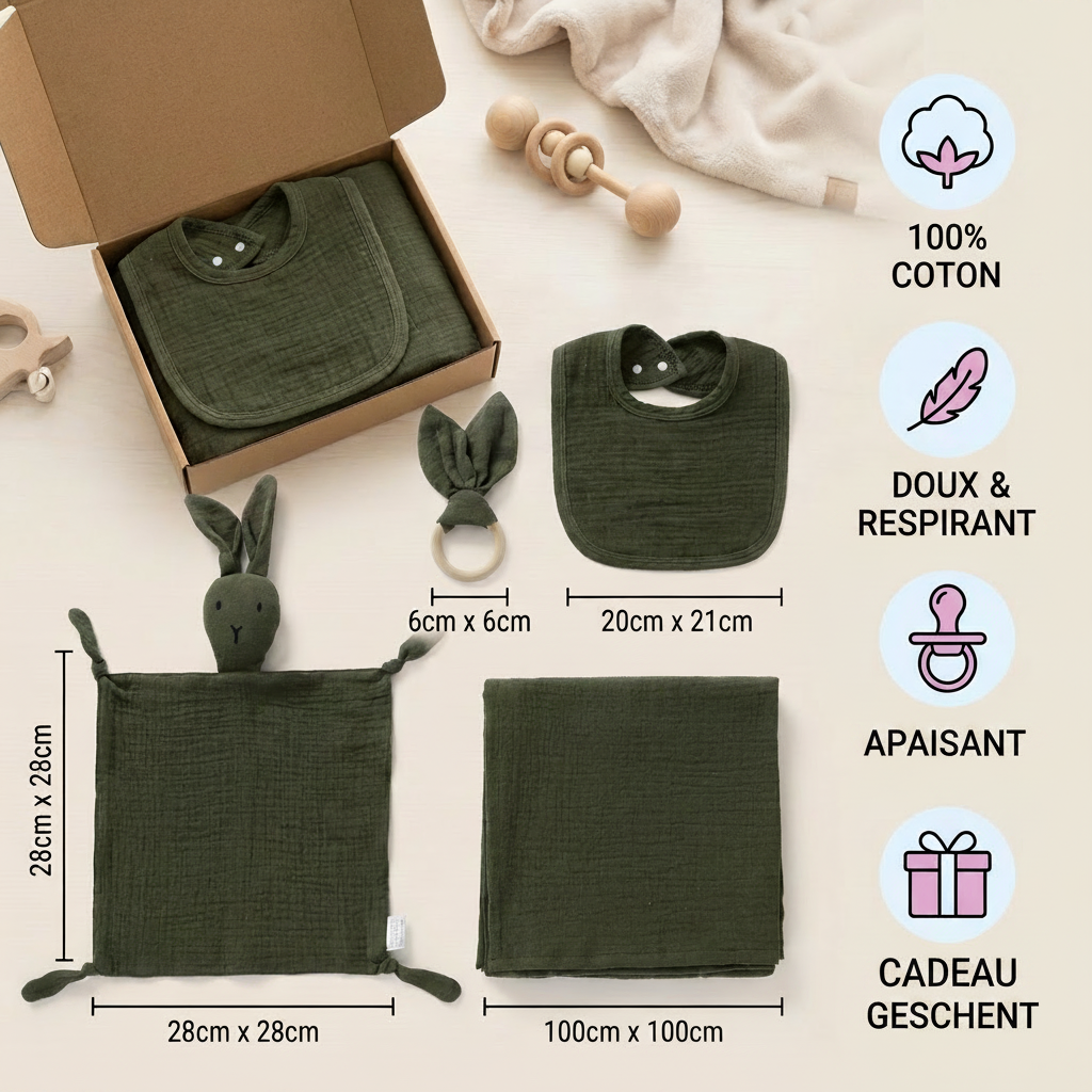 Coffret Cadeau Naissance 4 Pièces – Lange en Mousseline, Hochet Lapin, Anneau de Dentition et Bavoir