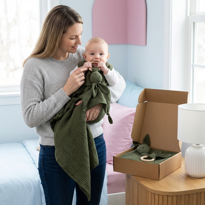 Coffret Cadeau Naissance 4 Pièces – Lange en Mousseline, Hochet Lapin, Anneau de Dentition et Bavoir