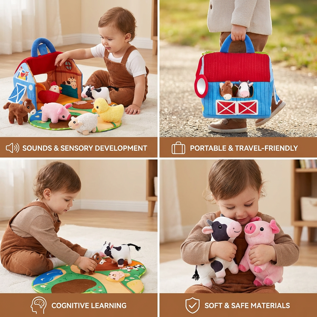 Ensemble de Peluches Animaux de la Ferme – Maison de Jeu Interactive et Portable