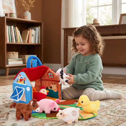 Ensemble de Peluches Animaux de la Ferme – Maison de Jeu Interactive et Portable