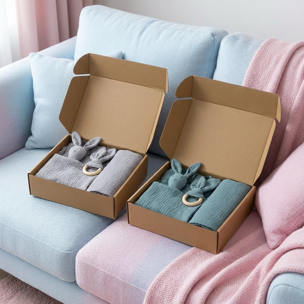 Coffret Cadeau Naissance 4 Pièces – Lange en Mousseline, Hochet Lapin, Anneau de Dentition et Bavoir