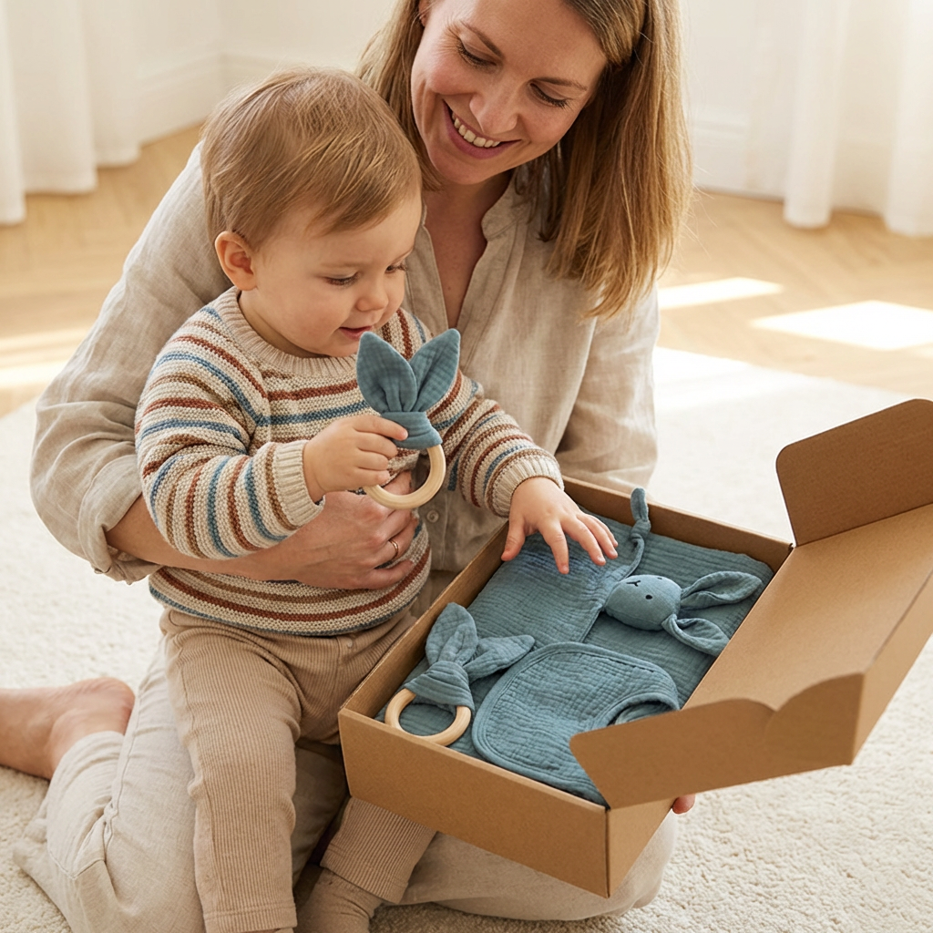 Coffret Cadeau Naissance 4 Pièces – Lange en Mousseline, Hochet Lapin, Anneau de Dentition et Bavoir