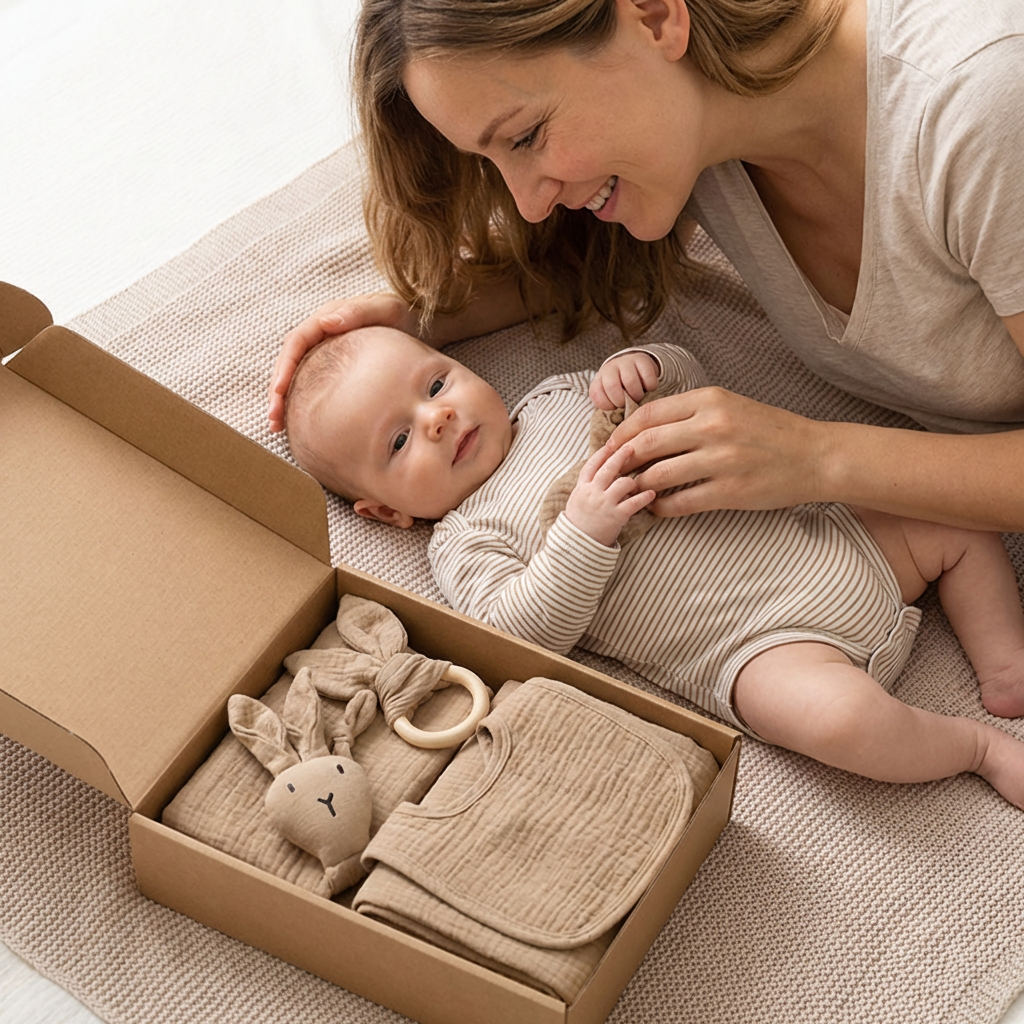 Coffret Cadeau Naissance 4 Pièces – Lange en Mousseline, Hochet Lapin, Anneau de Dentition et Bavoir