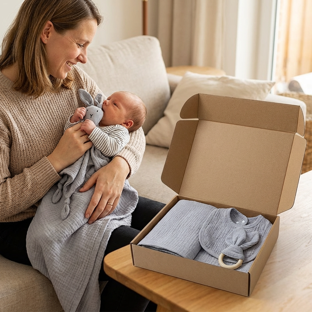 Coffret Cadeau Naissance 4 Pièces – Lange en Mousseline, Hochet Lapin, Anneau de Dentition et Bavoir