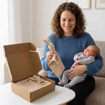 Coffret Cadeau Naissance 4 Pièces – Lange en Mousseline, Hochet Lapin, Anneau de Dentition et Bavoir