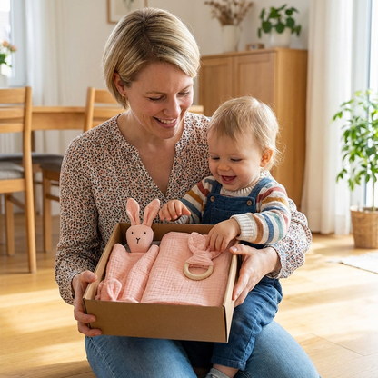 Coffret Cadeau Naissance 4 Pièces – Lange en Mousseline, Hochet Lapin, Anneau de Dentition et Bavoir