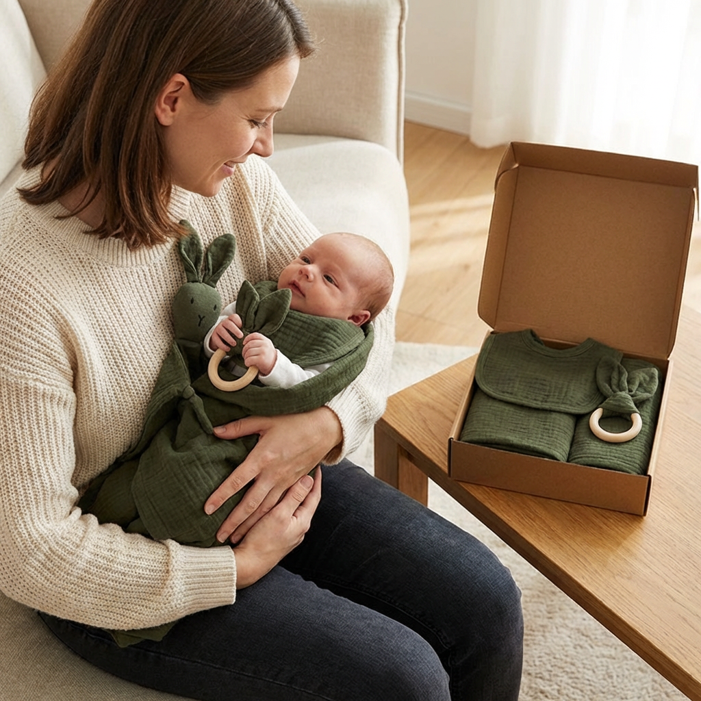 Coffret Cadeau Naissance 4 Pièces – Lange en Mousseline, Hochet Lapin, Anneau de Dentition et Bavoir