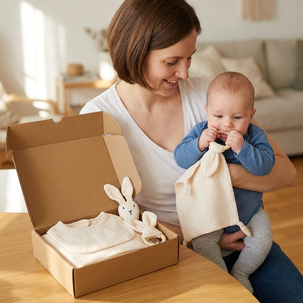 Coffret Cadeau Naissance 4 Pièces – Lange en Mousseline, Hochet Lapin, Anneau de Dentition et Bavoir
