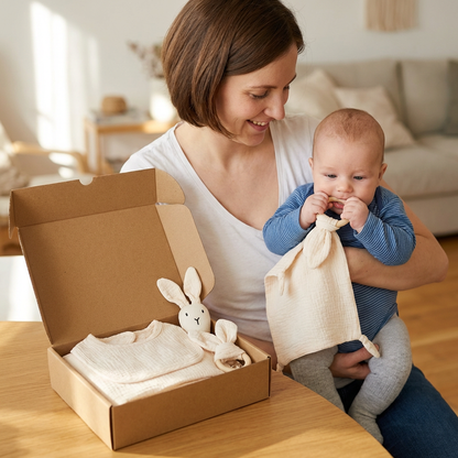 Coffret Cadeau Naissance 4 Pièces – Lange en Mousseline, Hochet Lapin, Anneau de Dentition et Bavoir