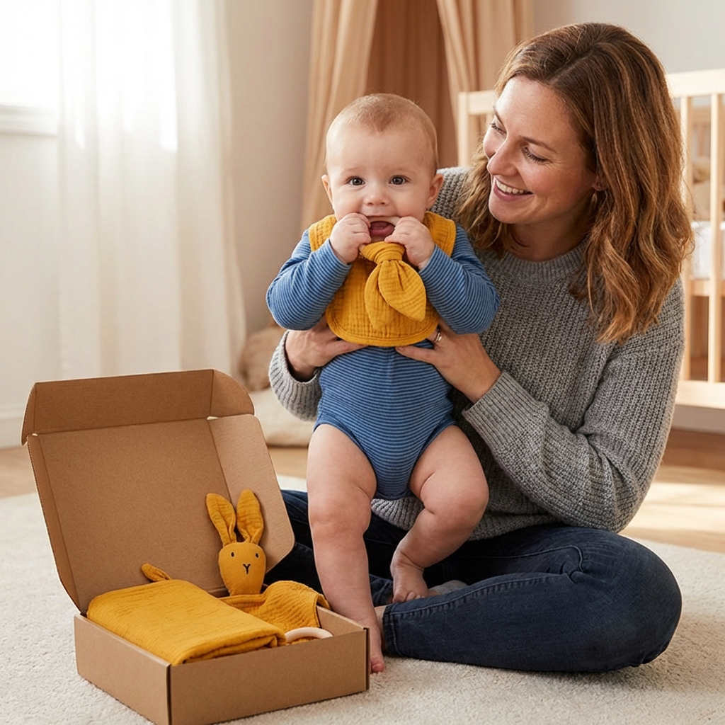 Coffret Cadeau Naissance 4 Pièces – Lange en Mousseline, Hochet Lapin, Anneau de Dentition et Bavoir