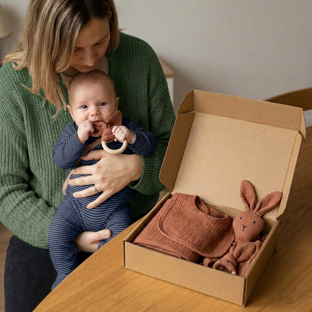 Coffret Cadeau Naissance 4 Pièces – Lange en Mousseline, Hochet Lapin, Anneau de Dentition et Bavoir