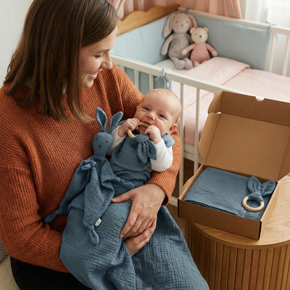 Coffret Cadeau Naissance 4 Pièces – Lange en Mousseline, Hochet Lapin, Anneau de Dentition et Bavoir