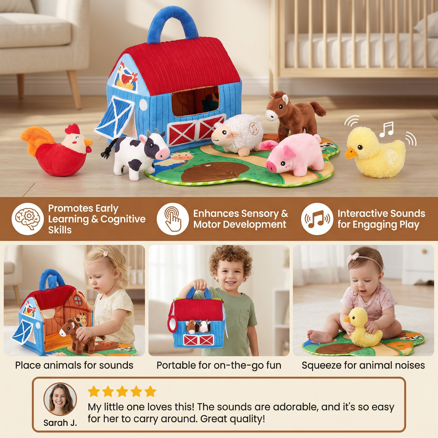 Ensemble de Peluches Animaux de la Ferme – Maison de Jeu Interactive et Portable