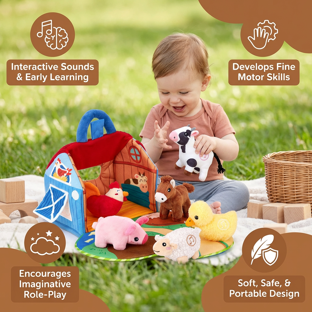 Ensemble de Peluches Animaux de la Ferme – Maison de Jeu Interactive et Portable