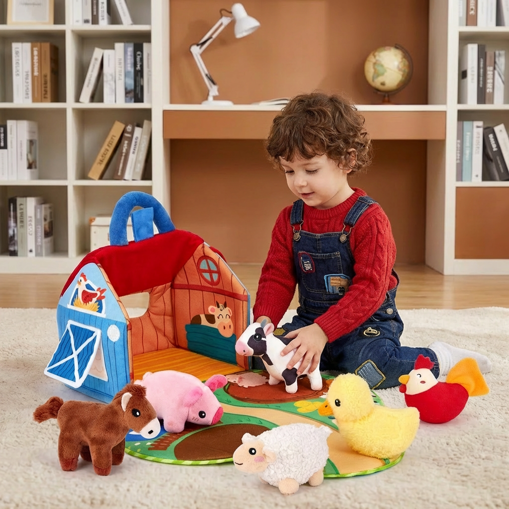 Ensemble de Peluches Animaux de la Ferme – Maison de Jeu Interactive et Portable
