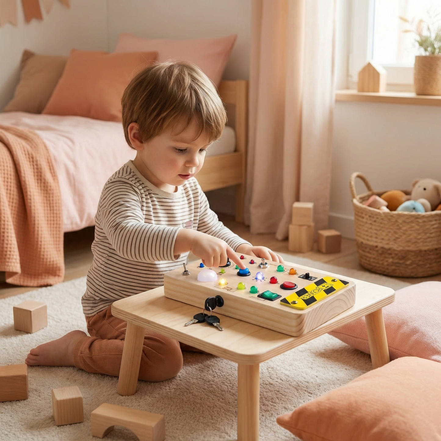 Planche Sensorielle Montessori en Bois – Lumières & Interrupteurs Interactifs