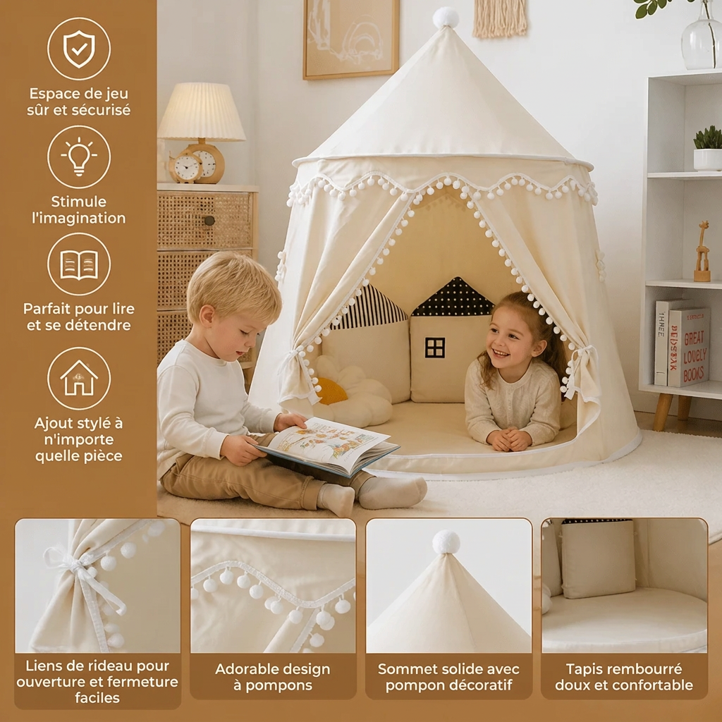 Tente de jeu pour enfant avec pompons, pour lire et jouer