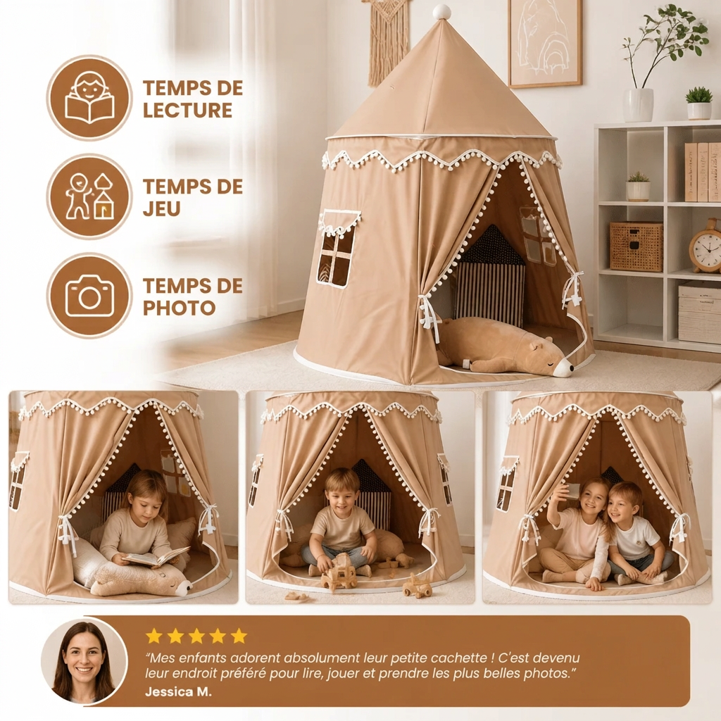 Tente de jeu pour enfant avec pompons, pour lire et jouer