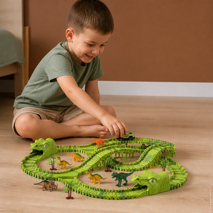 Circuit de dinosaures modulable avec voiture motorisée et figurines