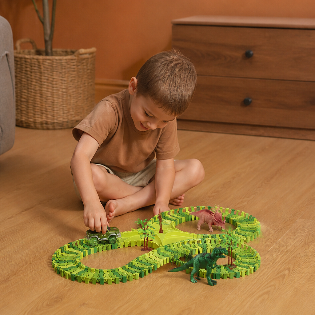 Circuit de dinosaures modulable avec voiture motorisée et figurines