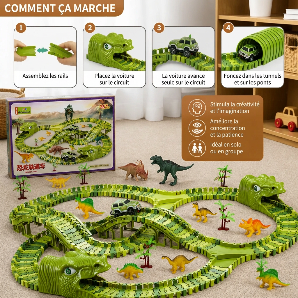 Circuit de dinosaures modulable avec voiture motorisée et figurines