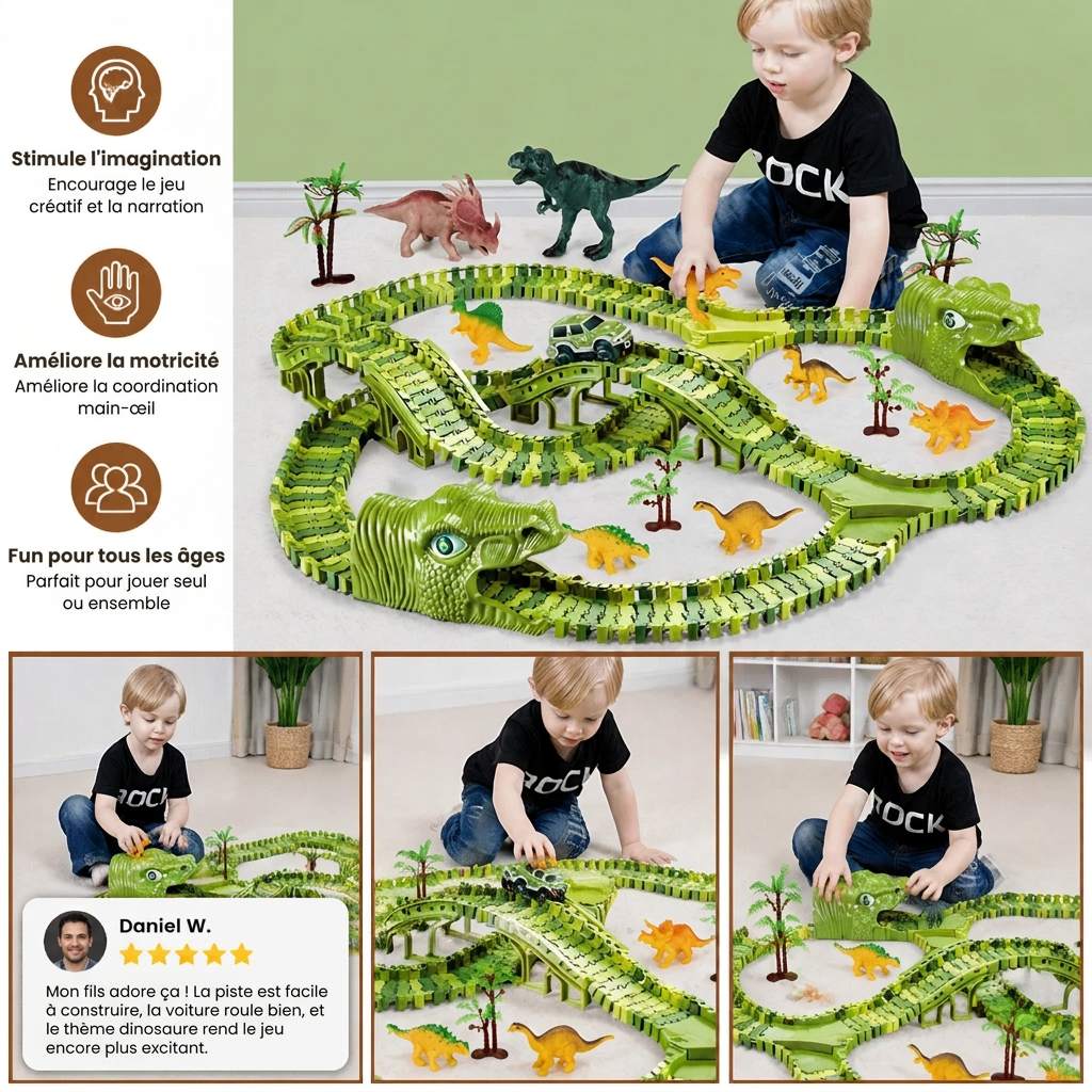 Circuit de dinosaures modulable avec voiture motorisée et figurines