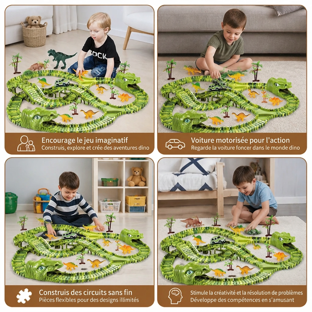 Circuit de dinosaures modulable avec voiture motorisée et figurines