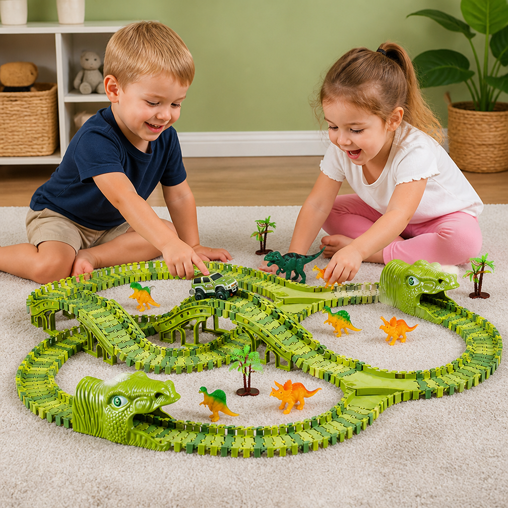 Circuit de dinosaures modulable avec voiture motorisée et figurines
