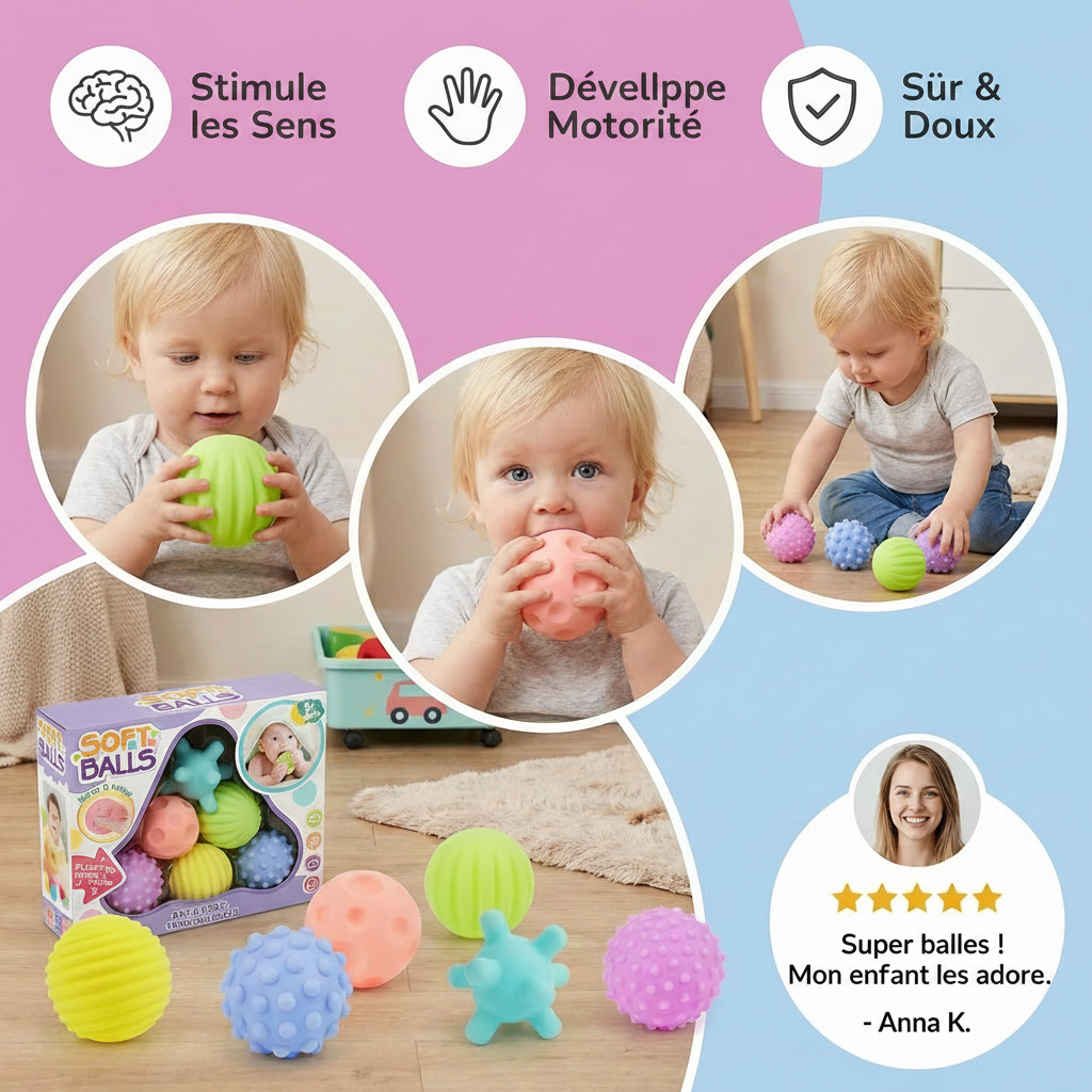 Lot de 6 Balles Sensorielles pour Bébé – Balles Texturées Souples pour Éveil et Massage