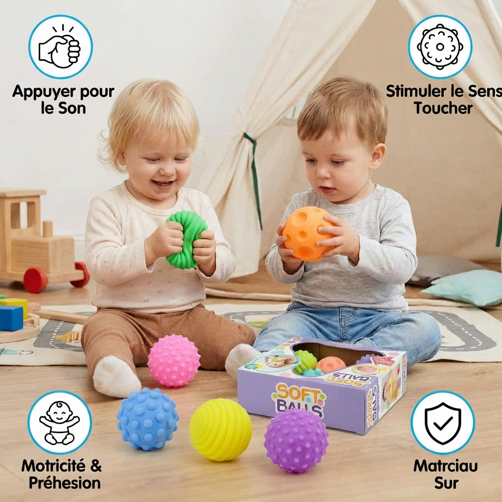 Lot de 6 Balles Sensorielles pour Bébé – Balles Texturées Souples pour Éveil et Massage