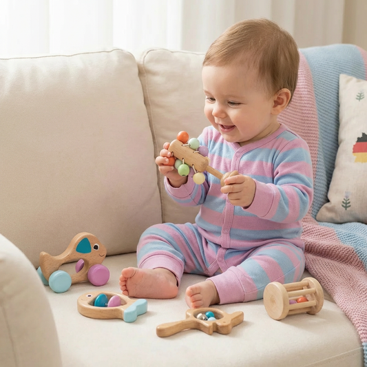 Coffret Cadeau en Bois pour Bébé avec Hochet et Jouets Musicaux