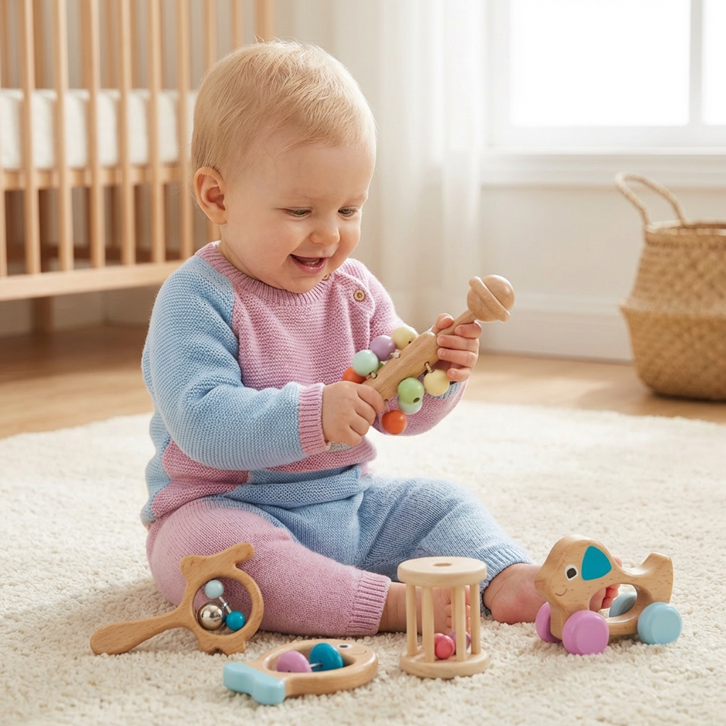 Coffret Cadeau en Bois pour Bébé avec Hochet et Jouets Musicaux