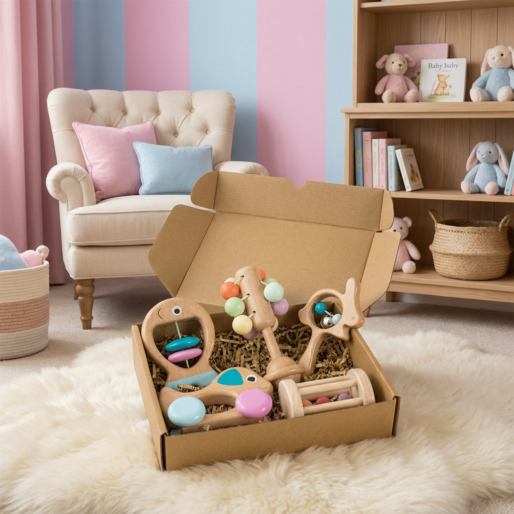 Coffret Cadeau en Bois pour Bébé avec Hochet et Jouets Musicaux
