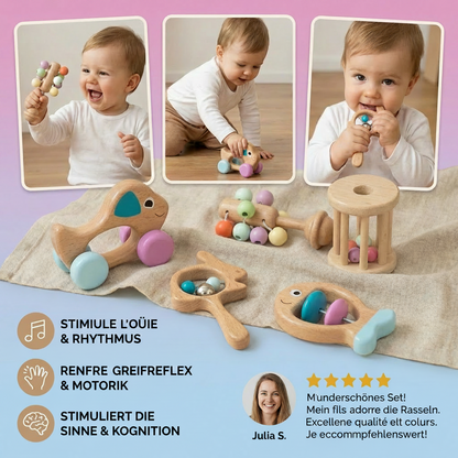 Coffret Cadeau en Bois pour Bébé avec Hochet et Jouets Musicaux