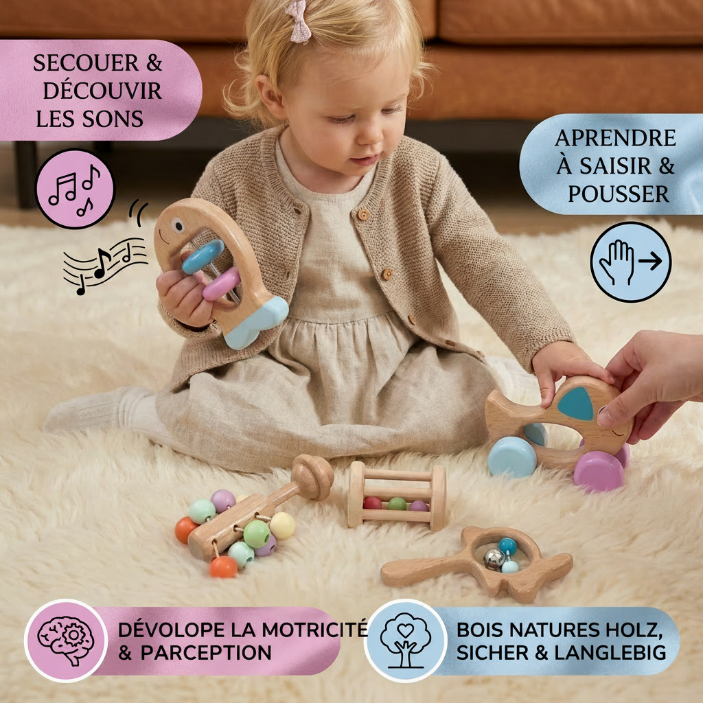 Coffret Cadeau en Bois pour Bébé avec Hochet et Jouets Musicaux