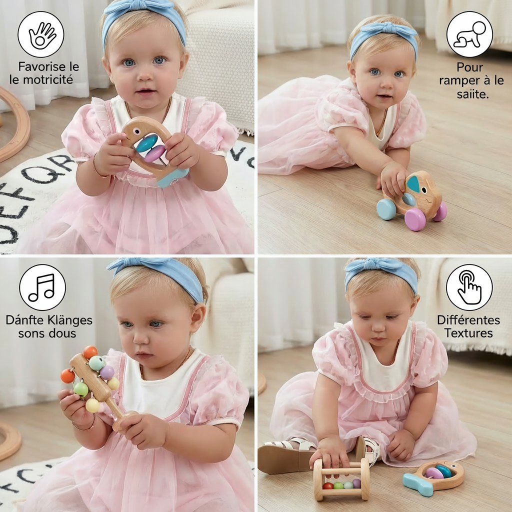 Coffret Cadeau en Bois pour Bébé avec Hochet et Jouets Musicaux