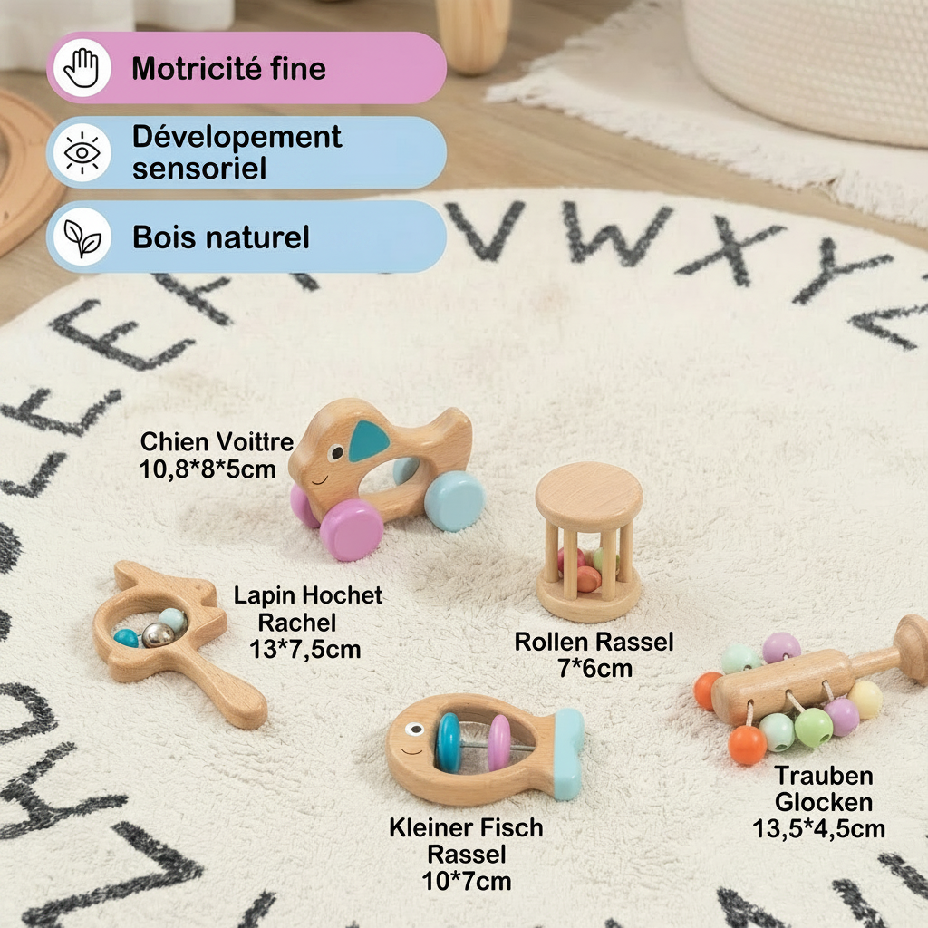 Coffret Cadeau en Bois pour Bébé avec Hochet et Jouets Musicaux