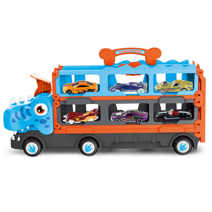 Camion Dinosaure Dépliable – Transporteur de Voitures & Circuit de Course 2-en-1