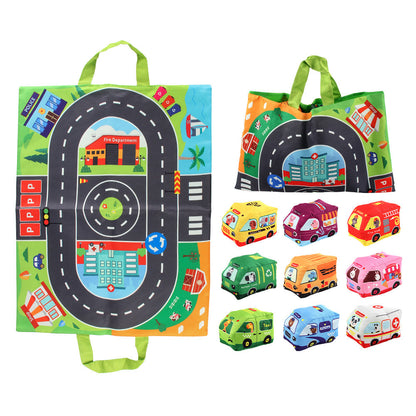 Voitures en peluche sensorielles 2-en-1 avec tapis de jeu et sac de transport – Jouets de voyage pour enfants