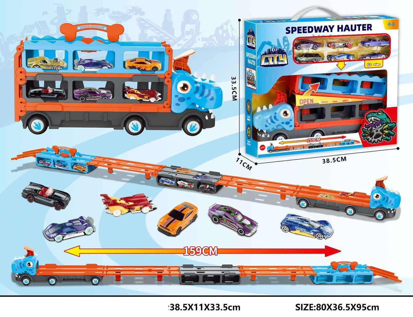 Camion Dinosaure Dépliable – Transporteur de Voitures & Circuit de Course 2-en-1